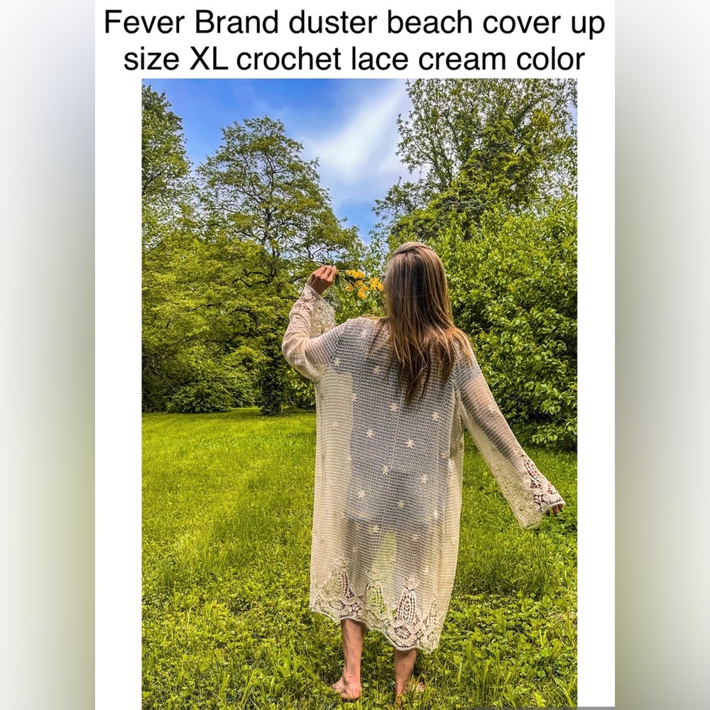 Fever Cream Crochet Lace Duster Beach Cover-Up